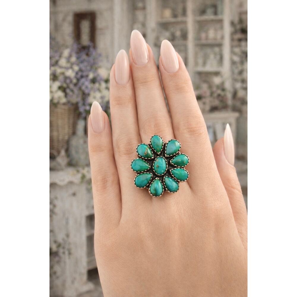 Kingman Turquoise Cluster Ring Sterling Silver 925 Oval Teardrop Sawtooth Size 7 - Picture 3 of 10